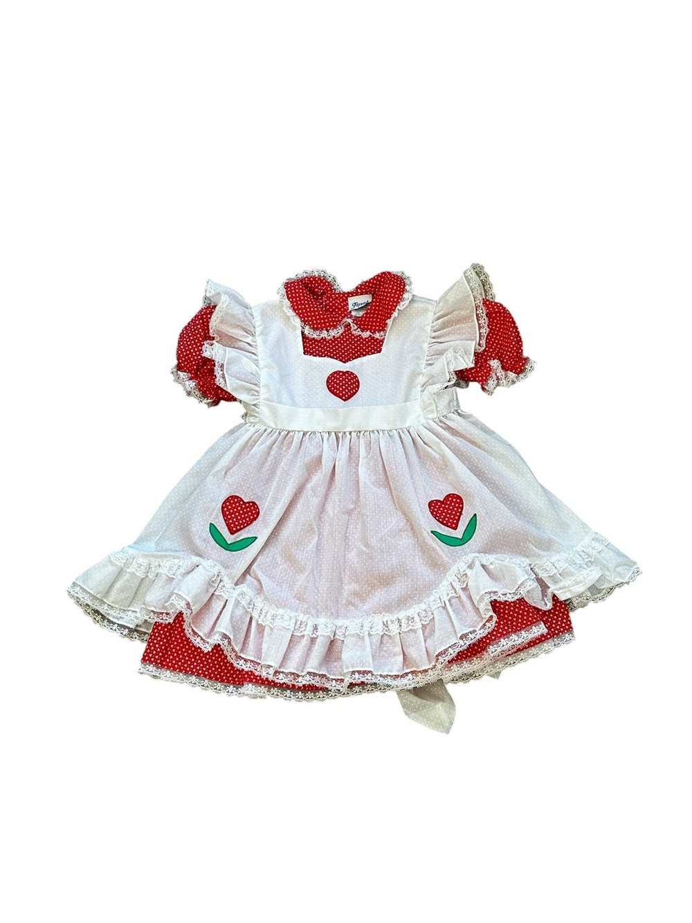 Vintage Fayette Apron Dress Puff Sleeves Red White Lace Cottage Prairie Size 4